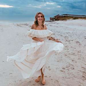 Robe longue bohème pour femme, épaules dénudées, avec dentelle, fluide, taille naturelle, lavable, écologique, pour l'été, la plage et les vacances - Product Image 1