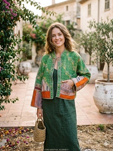 Vintage <b>Kantha</b> Quilt <b>Jacket</b> Handmade Reversible Bohemian Coat Jaif Textiles Rajasthan Origin Horn Buttons Short Sleeves Winter - Product Image 2