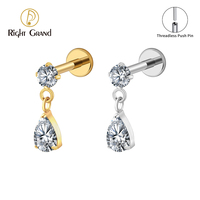 Piercing Labret en Titane sans Filetage avec Pendentif Goutte d'Eau en Zircon Cubique pour Hélix, Tragus et Cartilage