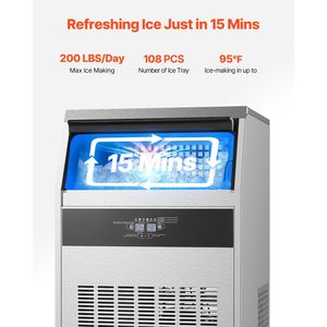 Macchina per il Ghiaccio Professionale da Cucina, Produzione 200 libbre/24H, Capacità di Stoccaggio 66 libbre, 108 Cubetti di Ghiaccio, 15 Minuti, Display Digitale LED - Product Image 2