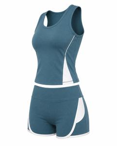 Women's 2 Piece Yoga Set Racerback <b>Crop</b> <b>Top</b> High Waist Shorts Solid Color Contrast Binding Breathable Spandex Sport Wear - Product Image 3