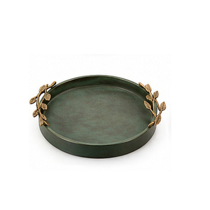 Plateau de rangement rond en métal avec poignées en laiton, finition huilée, design industriel, utilisation sur table, à un seul niveau - Product Image 2