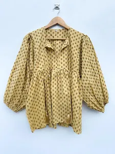 Vestido Mini Casual de Verano con Estampado Floral Amarillo Bohemio, Manga Abullonada de Algodón, Corte Holgado y Cuello con Lazos - Product Image 2