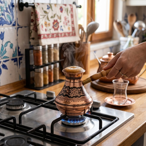 Cezve vintage bicolore noir en cuivre gravé à motifs floraux, pour café turc, à poser sur cuisinière, type Briki grec, avec base ronde et poignée en bois robuste - Product Image 3