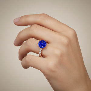 Bagues solitaires en saphir bleu rond de laboratoire, pierres précieuses, en or jaune 14 carats, avec diamants naturels sur les côtés, bagues délicates personnalisées - Product Image 2