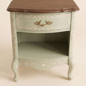 Vintage Bone Inlay Solid Wood Nightstand 1 Drawers Open <b>Shelf</b> <b>Bedside</b> Cabinet Turned Legs Farmhouse Durable -Multi Purpose Table - Product Image 5