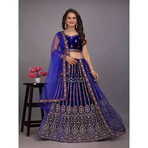 DISEÑADOR AGUJA DE SECUENCIA DE TERCIOPELO CODIFICACIÓN TRABAJO LEHENGA CHOLI CON DUPATTA AZUL - Product Image 1