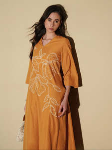 Mustard Plain Midi <b>Dress</b> <b>With</b> Three Quarter <b>Sleeves</b> Turn-down Collar Loose Fit Casual <b>Summer</b> Woven Cotton Fabric Women Cloth - Product Image 5