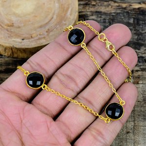 Natural <b>Black</b> Onyx Round Shape Charm Gemstone <b>Chain</b> Necklace 18k Gold Micron Over 925 Sterling Silver - Product Image 4