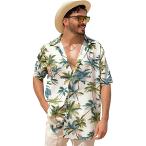 Men's Casual Floral Print Aloha <b>Shirt</b> with for <b>Polo</b> Collar Rayon Short Sleeve for Summer Beach Holidays - Product Image 1