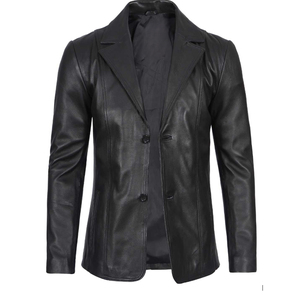 Men Black <b>Leather</b> <b>Blazer</b> Double Breasted Notched Collar Regular Fit Full Length Sleeve British Style <b>Jacket</b> - Product Image 3