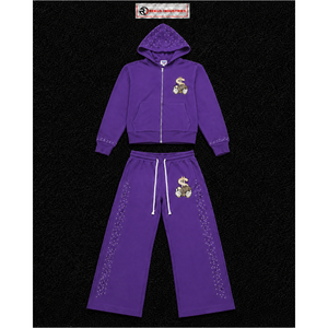Conjunto Deportivo Personalizado Morado para Hombre, Sudadera con Cremallera Completa, Pantalones Deportivos de Pierna Ancha, Logotipo Gráfico, Ropa Deportiva Casual, Venta al Por Mayor - Product Image 5