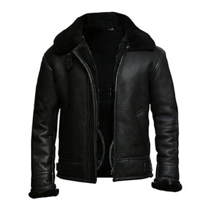 Veste d'aviateur pour homme en cuir d'agneau véritable, doublure en fourrure, style vintage, manteau d'hiver chaud en peau de mouton noir - Product Image 1
