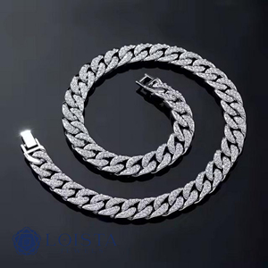 Men's 925 Silver Rhodium Plated <b>Moissanite</b> Cuban Chain <b>Necklace</b> Round Brilliant Cut Channel Setting Hiphop Style Everyday Wear - Product Image 3