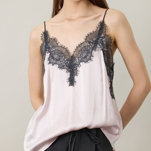 Women's <strong>Pink</strong> Satin Camisole with Black Lace Trim, V Neck Spaghetti Strap <strong>Silk</strong> Feel Cami <strong>Top</strong> - Product Image 2