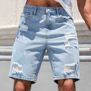 Shorts en jean décontractés pour hommes, longueur genou, légers, délavés, effet usé, avec braguette boutonnée - Product Image 4