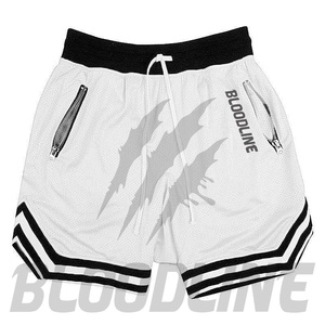 Shorts de sport décontractés pour hommes BLOODLINE, blancs, à cordon de serrage, avec poches zippées, imprimé par sublimation motif griffe, taille mi-haute - Product Image 1
