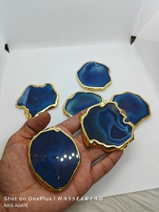 Rais <b>Agate</b> Natural Blue <b>Agate</b> <b>Coaster</b> Polished Gemstone Slice Gold Edge Durable Drink Table Decor Housewarming Gift - Product Image 5