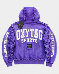 Sudadera con capucha morada de cierre de cremallera para hombre, de peso pesado, con lavado ácido, efecto desgastado, borde sin rematar, estilo streetwear, con apliques y estampado en relieve, de fabricante personalizado - Product Image 5