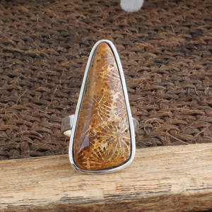Anillo de Coral Fósil Natural, Plata de Ley 925, Anillo con Piedras Preciosas, Joyería de Coral Genuino al por Mayor para Mujer, Patrón Único de Fábrica - Product Image 5