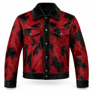 Veste Western Homme Personnalisée en Cuir de Vachette à Poils Rouge Cramoisi et Noir, Col Pointu, Manteau de Cowboy pour Ranch, Fabricant OEM en Gros, Export Hiver - Product Image 1