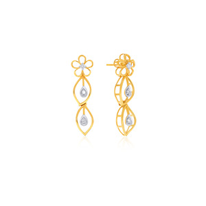 Luxury Two-Tone Gold Flower Blossom <b>Diamond</b> <b>Dangle</b> <b>Earrings</b> with Round <b>Diamond</b> Center and Teardrop Pendant Design for Women - Product Image 2