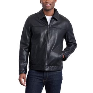 Men's <b>Black</b> Genuine Full Grain Leather <b>Jacket</b> Turn-down Collar Zipper Closure Casual Autumn Outerwear Regular Fit Solid Color - Product Image 2