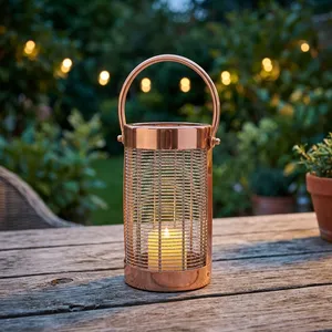 Lanterne en métal finition cuivre avec design en treillis métallique et poignée, porte-bougie décoratif pour extérieur, jardin, patio, décoration intérieure - Product Image 2