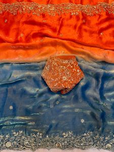 Orange Blue Gradient Silk Saree Embroidered <b>Blouse</b> for Wedding Wear Women Traditional Indian <b>Sari</b> Floor-Length Sun Protection - Product Image 2
