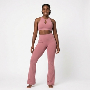 Women Dusty Pink Keyhole Crop Top High Waist <b>Flare</b> <b>Leggings</b> Yoga Set Gym Fitness Workout Activewear Set - Product Image 4