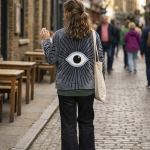 Veste en velours pour femmes grandes tailles EcoDari, style vintage, imprimé yeux brodés, col montant, col détachable, fermeture éclair, veste Suzani en coton - Product Image 4