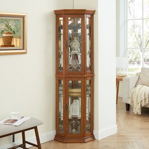 Vetrina Angolare Illuminata con Porta in Vetro Temperato, Mobile Bar con Espositori e Scaffali, Scaffale Espositivo in Vetro per Casa e Ufficio - Product Image 1