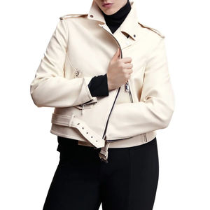 Custom Cream Ivory Women’s Genuine Leather <b>Biker</b> <b>Jacket</b> Slim Fit Asymmetrical Zip Motorcycle Fashion <b>Jacket</b> - Product Image 3