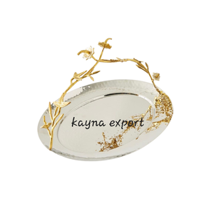 Customizable Decorative Gold <b>Leaf</b> Aluminum Serving Tray Marble Glass Wood Oval Shape <b>Art</b> Deco Design Movable Bulk Available Tray - Product Image 4