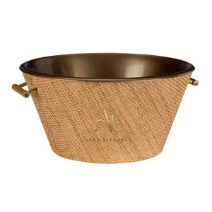 Luxury Rattan Wrapped Theme Metal Wine <b>Ice</b> Bucket Antique Bronze Finish With Gold Handles Elegant Party Beverage Tub Wholesale - Product Image 1