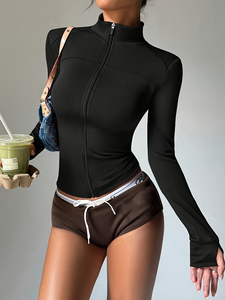 Black White Piping Breathable Women Yoga <b>Jacket</b> Slim Fit Long Sleeve Mock Neck Full Zip Front Logo Athletic <b>Workout</b> Gym Wear Top - Product Image 3