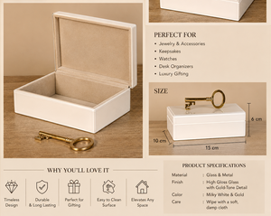 White Glass Keepsake Storage Box with <b>Gold</b> Tone Key Handle Soft Interior Glossy Finish Decorative Jewelry and Vanity Organizer - Product Image 4