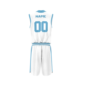 Ensemble d'uniformes de basketball blancs personnalisables, maillot sans manches à col en V imprimé bleu, short à taille élastique unisexe en polyester/coton - Product Image 2