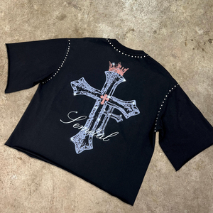 เสื้อยืดโอเวอร์ไซส์ผ้าฝ้าย 100% ประดับคริสตัล ผ้าเฟรนช์เทอร์รี่เนื้อหนา ซักย้อมสีแบบแอซิดวอช แขนสั้นสองชั้น - Product Image 1