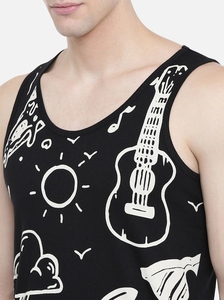 Camiseta sin mangas negra estampada para hombre, cuello redondo, informal, transpirable, estilo de punto de algodón - Product Image 5