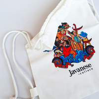 Sac à dos en toile artisanal indonésien, étanche, avec cordon de serrage, motif culturel javanais, souvenir traditionnel léger pour le voyage