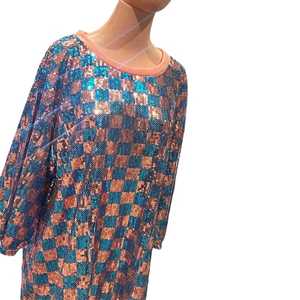 Jack and Jill <b>Sequin</b> Checkered Tunic Women Long Sleeve Sparkle Bling Loose Fit Fashion <b>Party</b> <b>Top</b> Custom Boutique Apparel - Product Image 2