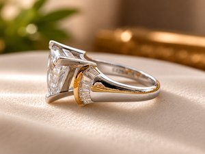 Bague de fiançailles en diamant taille trillion plaqué or jaune 18 carats avec bande en moissanite pour cadeau d'anniversaire de mariage - Product Image 2