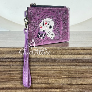 Western Style Hand Tooled Genuine Leather Zipper Clutch <b>Small</b> Luxury Credit Card Holder Poker Design Slim Coin Storage <b>Wallet</b> - Product Image 1
