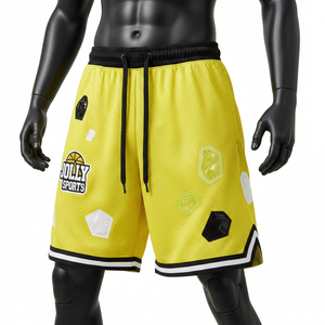 Pantalones Cortos de Baloncesto Transpirables de Malla de Poliéster de 160 GSM, Color Amarillo Neón, con Logotipo Personalizado Estampado y Bajo con Rayas - Product Image 1