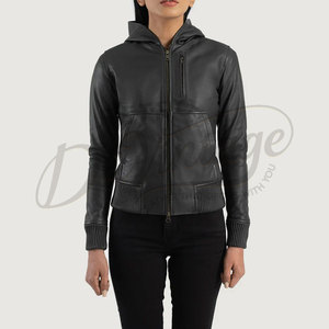 Premium Women Black Real Leather Hooded <b>Bomber</b> <b>Jacket</b> Slim Fit Soft Sheepskin Hoodie <b>Jacket</b> Casual Outerwear Coat - Product Image 6