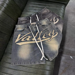 Valley Denim Shorts <b>Men</b> High Waist Washed Cotton Casual Sequined <b>Drawstring</b> Shorts - Product Image 2