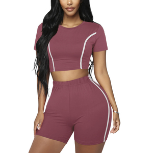 <b>Women</b> High Waist Solid Color <b>Short</b> Sleeve Crop Top And <b>Shorts</b> Set Quick Dry Spandex Polyester Summer Leisure Wear - Product Image 1