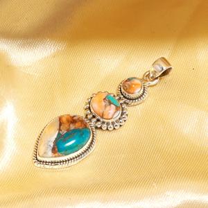 Natural Spiny Oyster Copper Turquoise 925 Sterling <b>Silver</b> Boho Orange Blue Gemstone Pear Shape Pendent Party Gift - Product Image 2