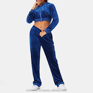 Ensemble de survêtement 2 pièces skinny de maternité pour femme avec logo personnalisé, crop top et pantalon de jogging en velours personnalisé - Product Image 5